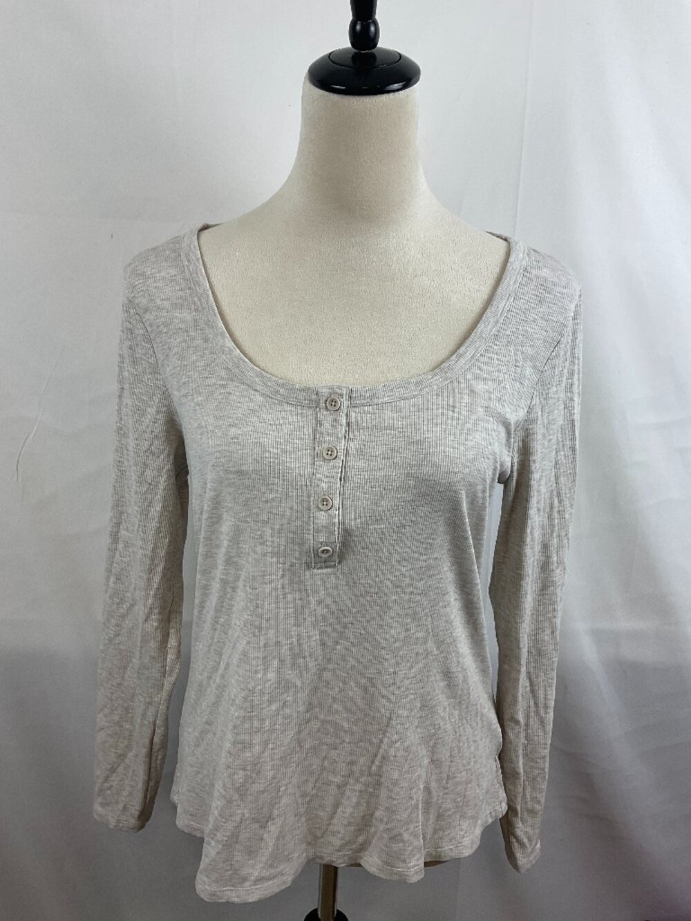 Athleta Signature Rib Henley Shirt Top XL Light Heather Gray Long Sleeve